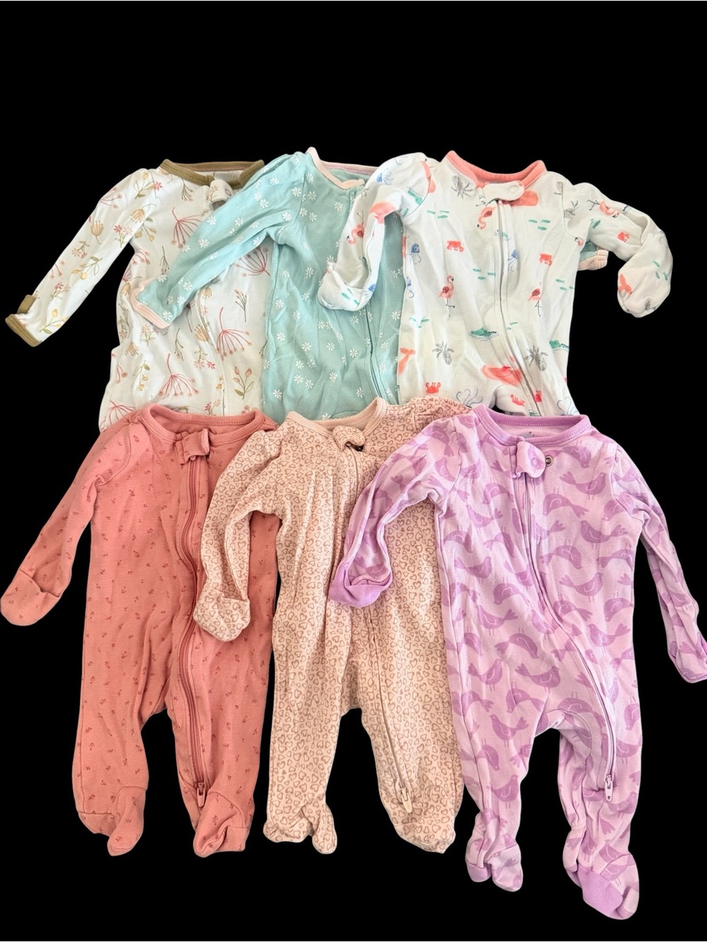 Newborn baby girls footies pajamas, double zippers 6-pack